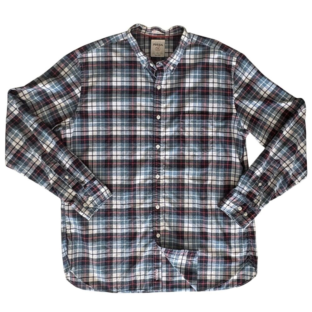 Fossil Red White and Blue Plaid Button Down Shirt in 100% Cotton Men Size XL